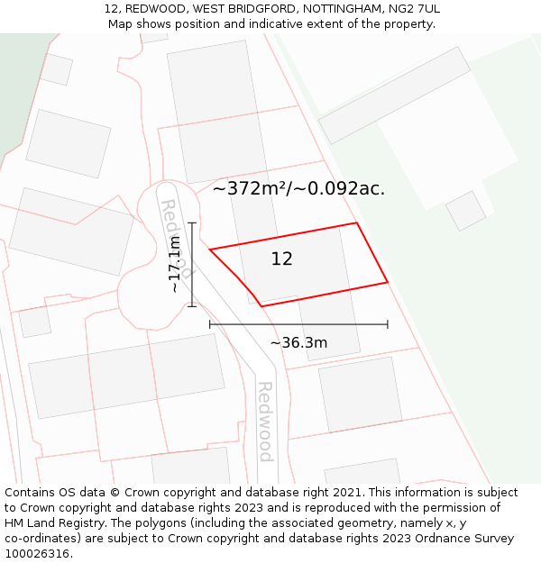 12, REDWOOD, WEST BRIDGFORD, NOTTINGHAM, NG2 7UL: Plot and title map