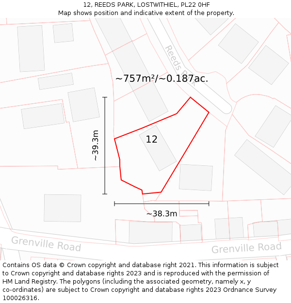 12, REEDS PARK, LOSTWITHIEL, PL22 0HF: Plot and title map