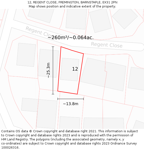 12, REGENT CLOSE, FREMINGTON, BARNSTAPLE, EX31 2PN: Plot and title map