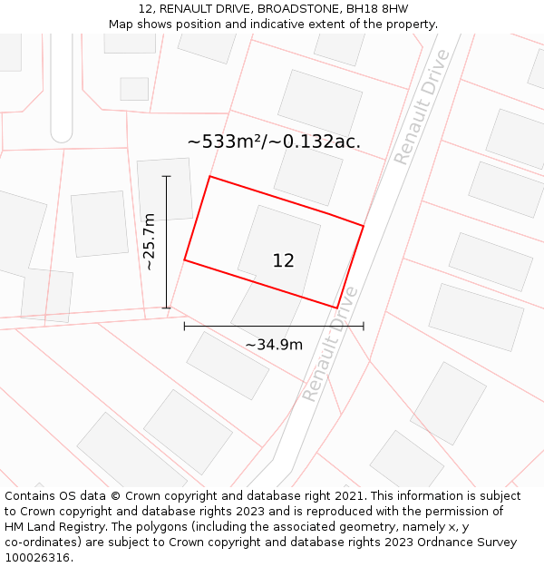 12, RENAULT DRIVE, BROADSTONE, BH18 8HW: Plot and title map