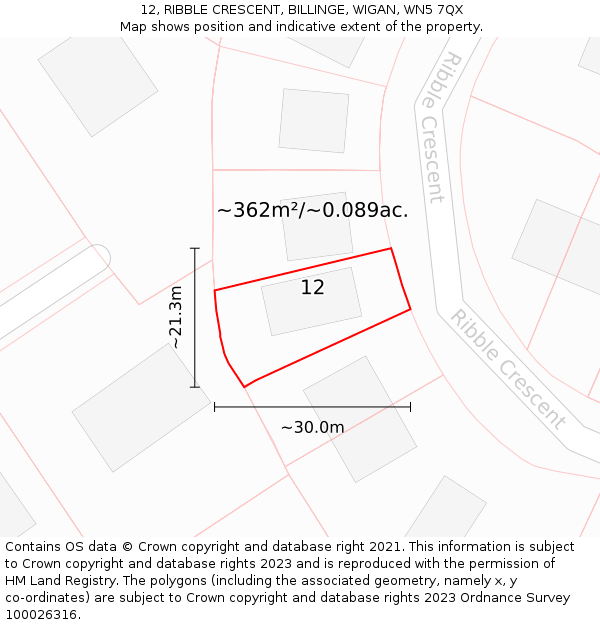 12, RIBBLE CRESCENT, BILLINGE, WIGAN, WN5 7QX: Plot and title map