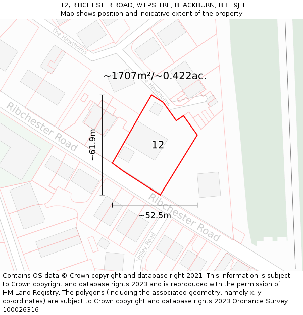 12, RIBCHESTER ROAD, WILPSHIRE, BLACKBURN, BB1 9JH: Plot and title map