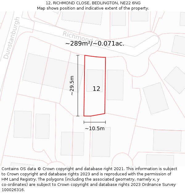 12, RICHMOND CLOSE, BEDLINGTON, NE22 6NG: Plot and title map