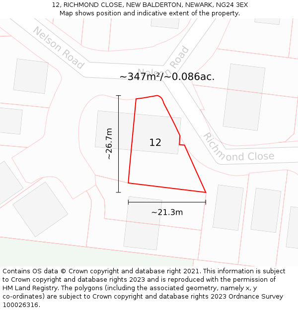 12, RICHMOND CLOSE, NEW BALDERTON, NEWARK, NG24 3EX: Plot and title map