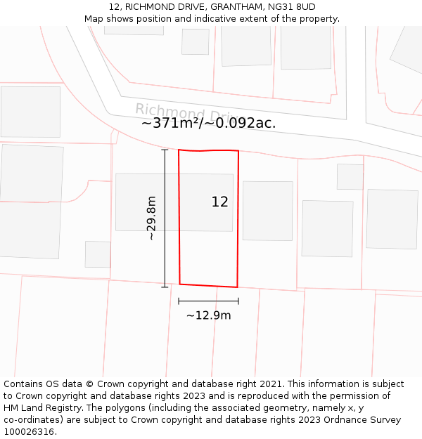 12, RICHMOND DRIVE, GRANTHAM, NG31 8UD: Plot and title map