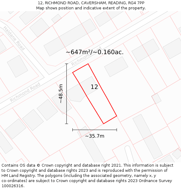 12, RICHMOND ROAD, CAVERSHAM, READING, RG4 7PP: Plot and title map