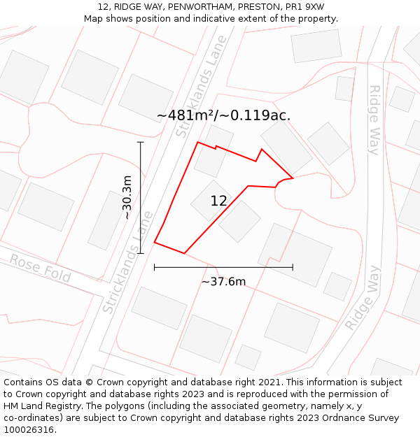 12, RIDGE WAY, PENWORTHAM, PRESTON, PR1 9XW: Plot and title map