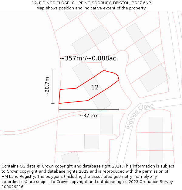 12, RIDINGS CLOSE, CHIPPING SODBURY, BRISTOL, BS37 6NP: Plot and title map