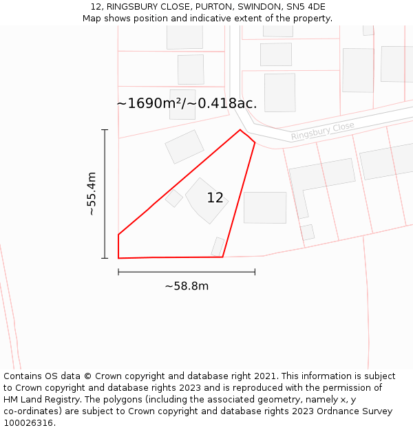 12, RINGSBURY CLOSE, PURTON, SWINDON, SN5 4DE: Plot and title map