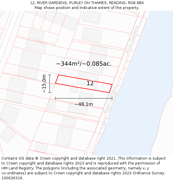 12, RIVER GARDENS, PURLEY ON THAMES, READING, RG8 8BX: Plot and title map