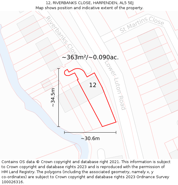 12, RIVERBANKS CLOSE, HARPENDEN, AL5 5EJ: Plot and title map