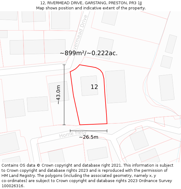 12, RIVERMEAD DRIVE, GARSTANG, PRESTON, PR3 1JJ: Plot and title map