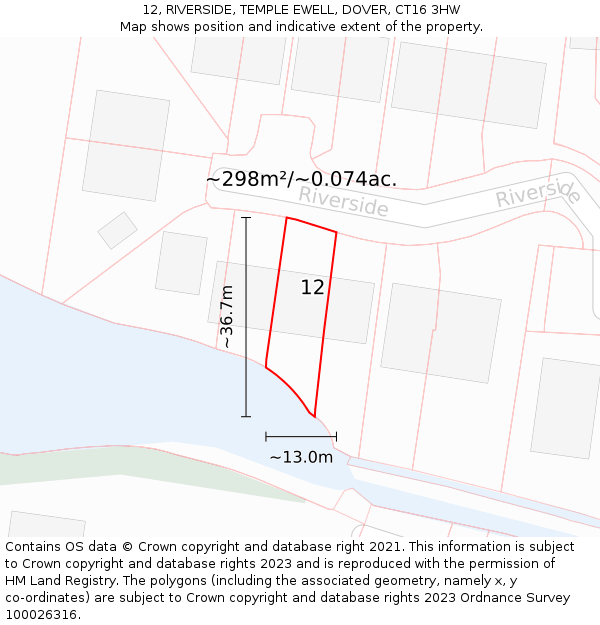 12, RIVERSIDE, TEMPLE EWELL, DOVER, CT16 3HW: Plot and title map