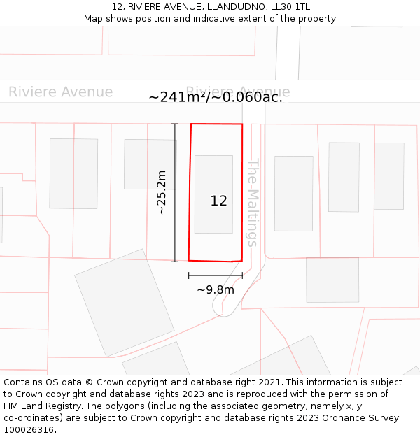 12, RIVIERE AVENUE, LLANDUDNO, LL30 1TL: Plot and title map