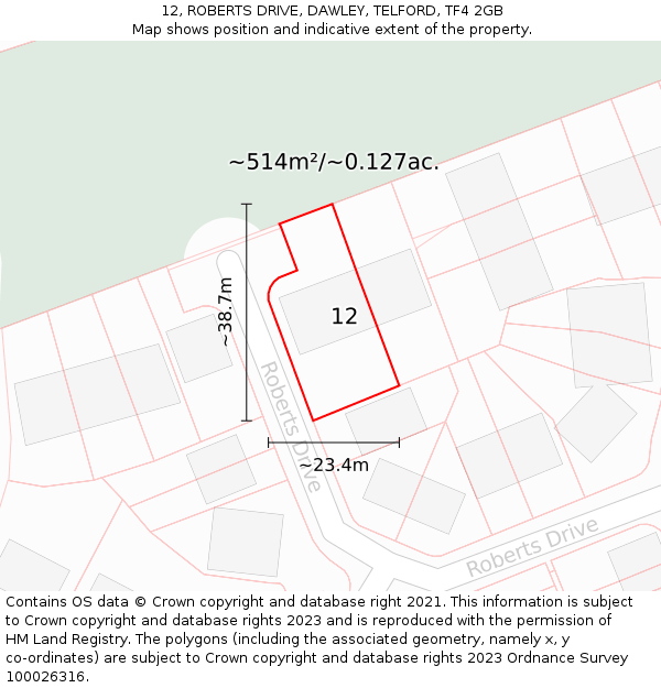 12, ROBERTS DRIVE, DAWLEY, TELFORD, TF4 2GB: Plot and title map