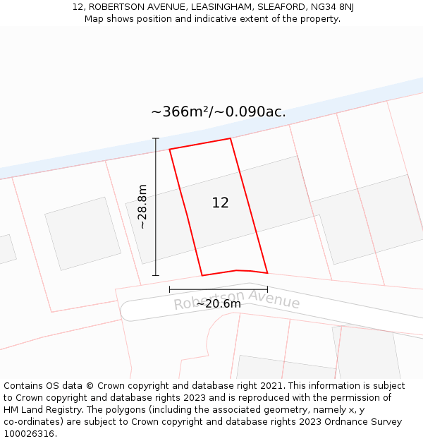 12, ROBERTSON AVENUE, LEASINGHAM, SLEAFORD, NG34 8NJ: Plot and title map