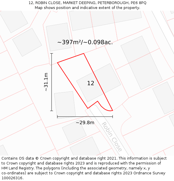 12, ROBIN CLOSE, MARKET DEEPING, PETERBOROUGH, PE6 8PQ: Plot and title map