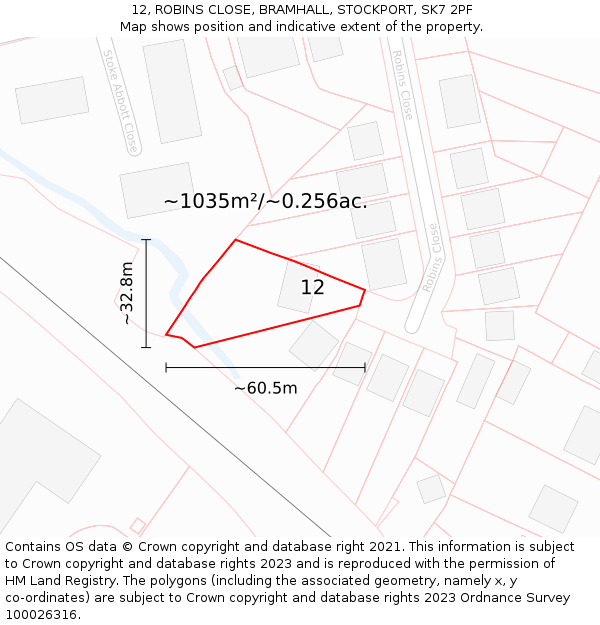 12, ROBINS CLOSE, BRAMHALL, STOCKPORT, SK7 2PF: Plot and title map