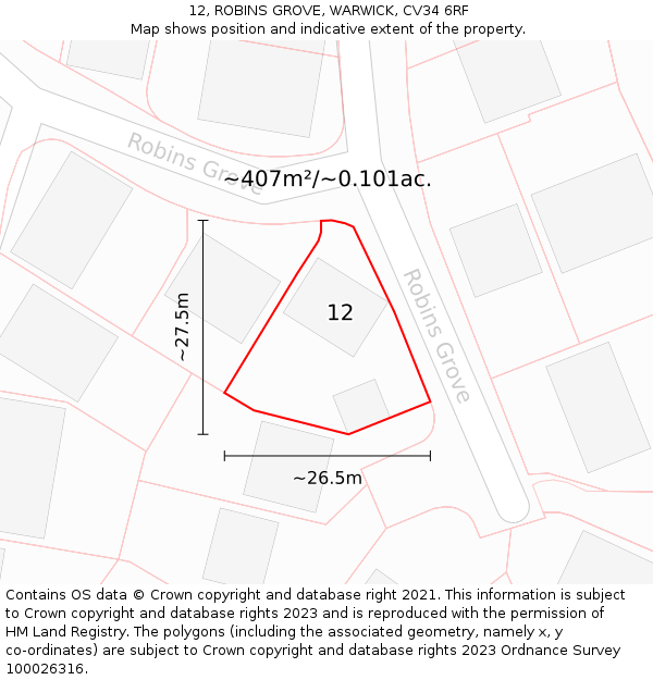 12, ROBINS GROVE, WARWICK, CV34 6RF: Plot and title map