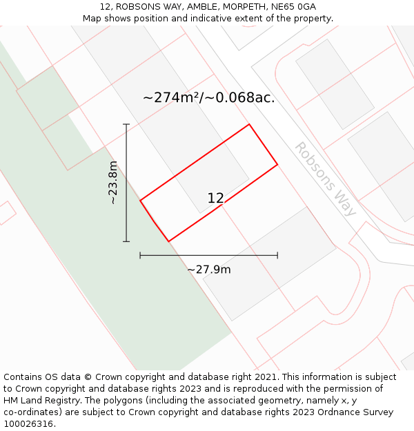 12, ROBSONS WAY, AMBLE, MORPETH, NE65 0GA: Plot and title map