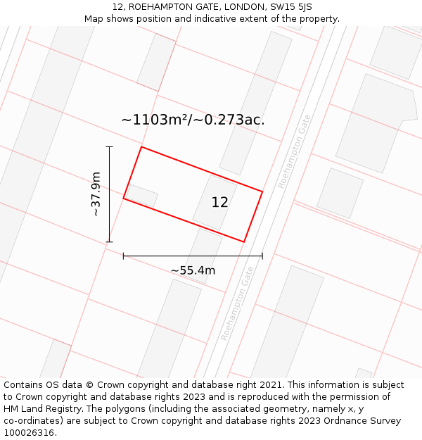 12, ROEHAMPTON GATE, LONDON, SW15 5JS: Plot and title map