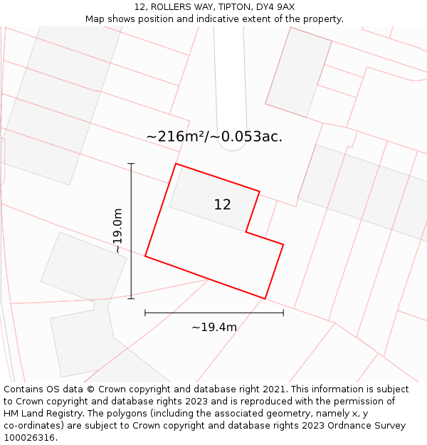 12, ROLLERS WAY, TIPTON, DY4 9AX: Plot and title map