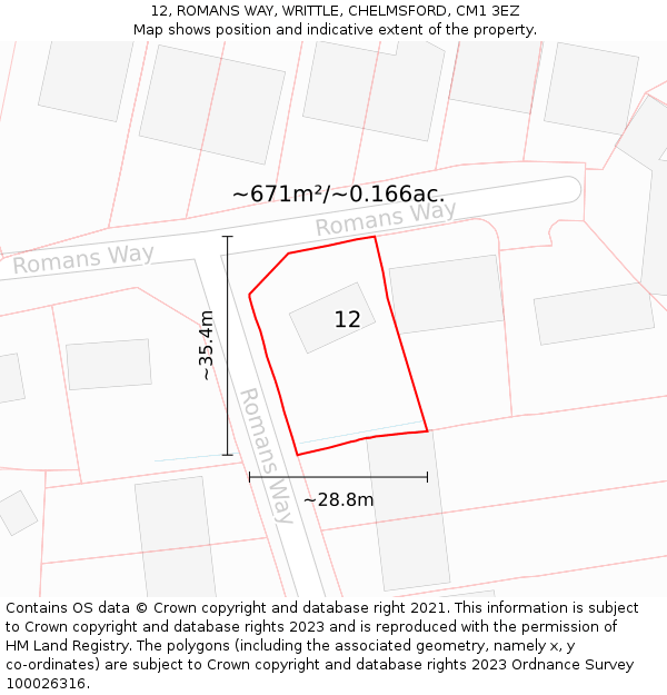 12, ROMANS WAY, WRITTLE, CHELMSFORD, CM1 3EZ: Plot and title map