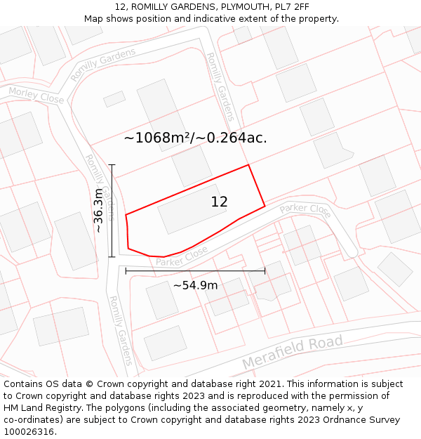 12, ROMILLY GARDENS, PLYMOUTH, PL7 2FF: Plot and title map