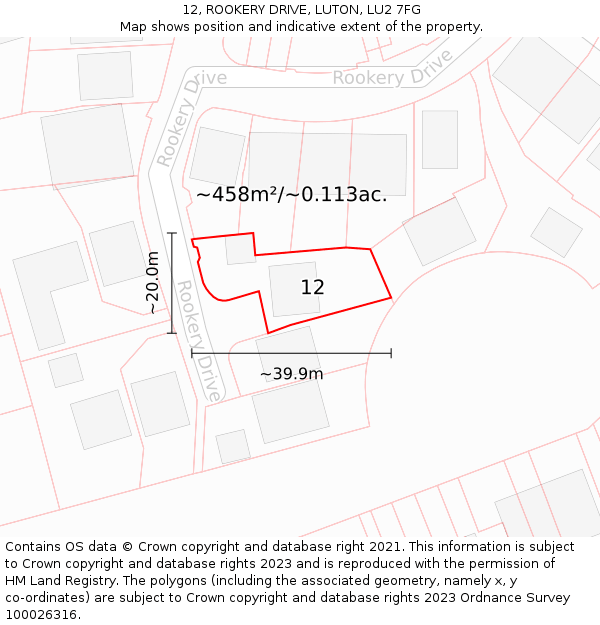 12, ROOKERY DRIVE, LUTON, LU2 7FG: Plot and title map