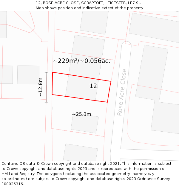 12, ROSE ACRE CLOSE, SCRAPTOFT, LEICESTER, LE7 9UH: Plot and title map