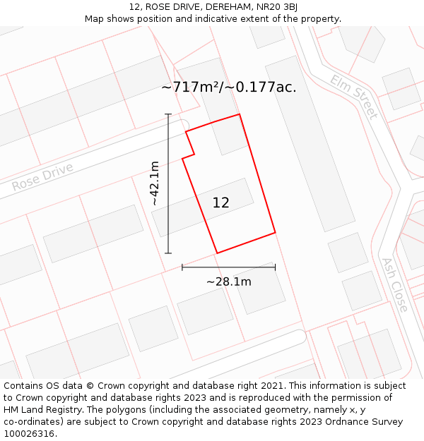 12, ROSE DRIVE, DEREHAM, NR20 3BJ: Plot and title map