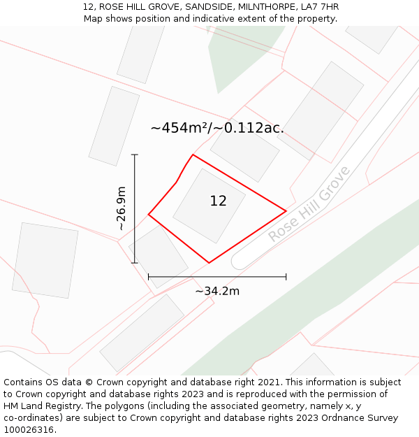 12, ROSE HILL GROVE, SANDSIDE, MILNTHORPE, LA7 7HR: Plot and title map