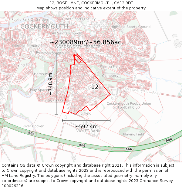 12, ROSE LANE, COCKERMOUTH, CA13 9DT: Plot and title map