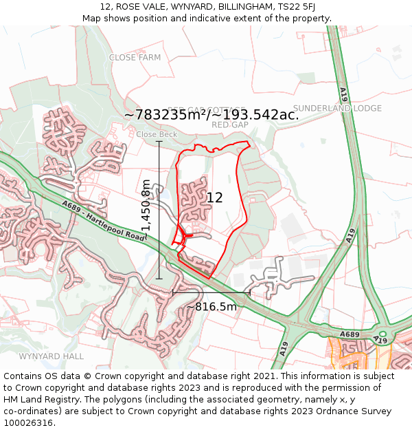 12, ROSE VALE, WYNYARD, BILLINGHAM, TS22 5FJ: Plot and title map