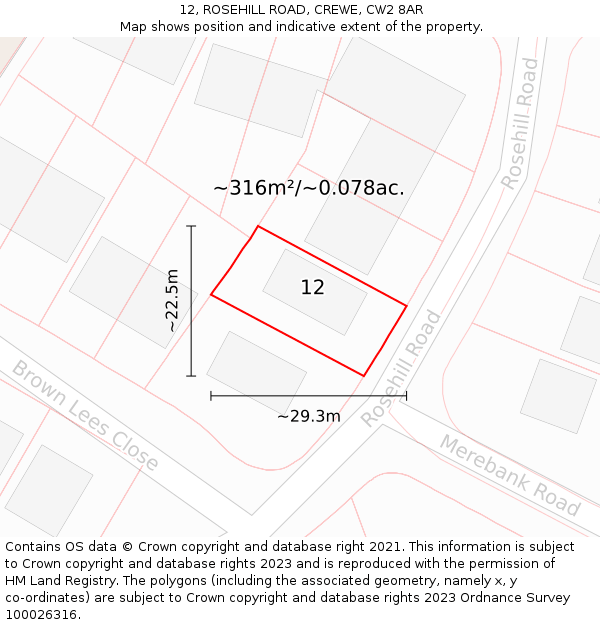 12, ROSEHILL ROAD, CREWE, CW2 8AR: Plot and title map