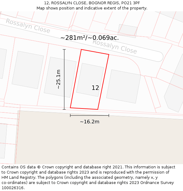 12, ROSSALYN CLOSE, BOGNOR REGIS, PO21 3PF: Plot and title map