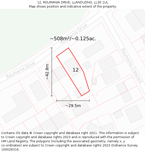 12, ROUMANIA DRIVE, LLANDUDNO, LL30 1UL: Plot and title map