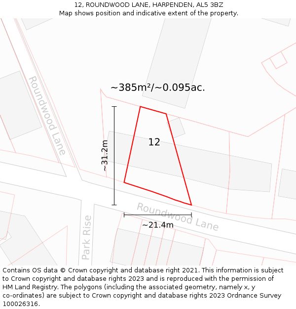 12, ROUNDWOOD LANE, HARPENDEN, AL5 3BZ: Plot and title map