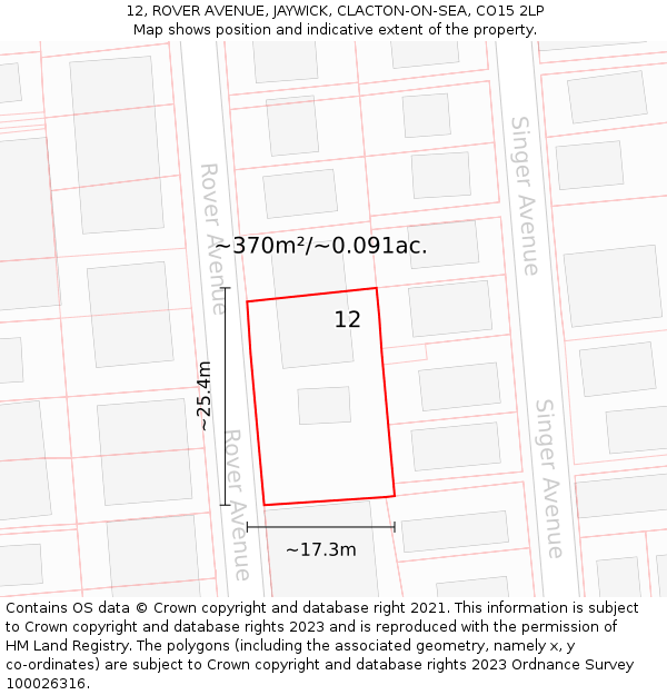 12, ROVER AVENUE, JAYWICK, CLACTON-ON-SEA, CO15 2LP: Plot and title map