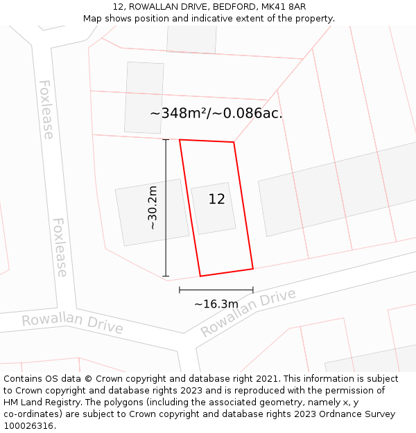 12, ROWALLAN DRIVE, BEDFORD, MK41 8AR: Plot and title map