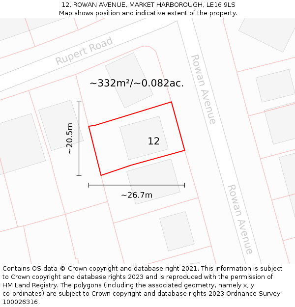 12, ROWAN AVENUE, MARKET HARBOROUGH, LE16 9LS: Plot and title map