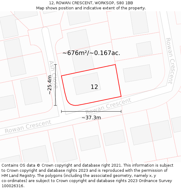 12, ROWAN CRESCENT, WORKSOP, S80 1BB: Plot and title map