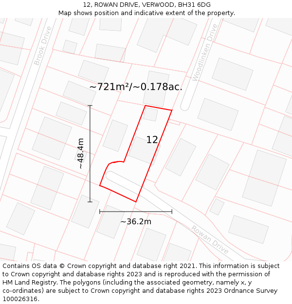 12, ROWAN DRIVE, VERWOOD, BH31 6DG: Plot and title map