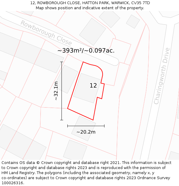 12, ROWBOROUGH CLOSE, HATTON PARK, WARWICK, CV35 7TD: Plot and title map