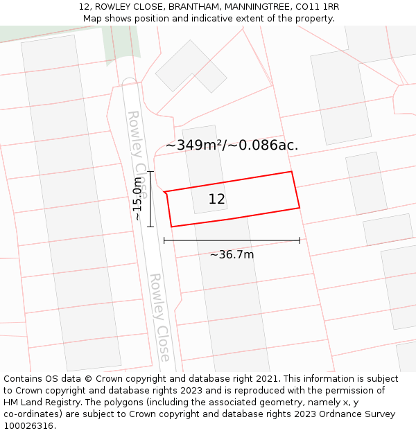 12, ROWLEY CLOSE, BRANTHAM, MANNINGTREE, CO11 1RR: Plot and title map