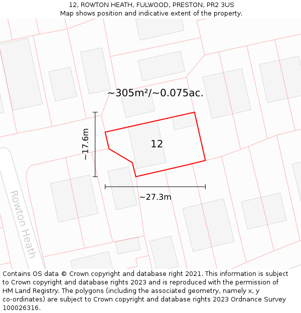 12, ROWTON HEATH, FULWOOD, PRESTON, PR2 3US: Plot and title map