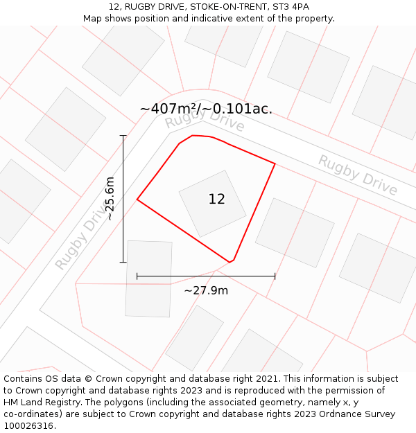 12, RUGBY DRIVE, STOKE-ON-TRENT, ST3 4PA: Plot and title map