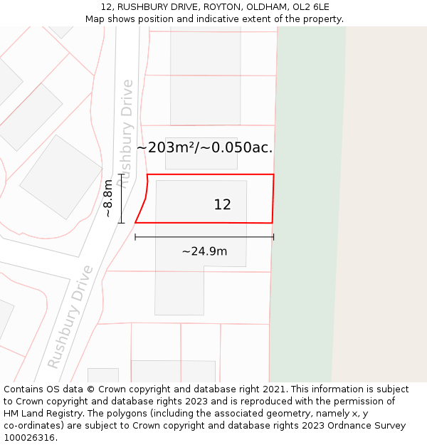 12, RUSHBURY DRIVE, ROYTON, OLDHAM, OL2 6LE: Plot and title map