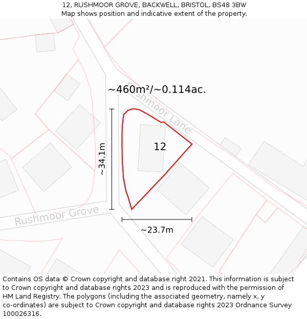 12, RUSHMOOR GROVE, BACKWELL, BRISTOL, BS48 3BW: Plot and title map