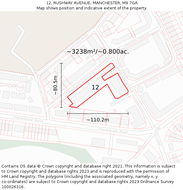 12, RUSHWAY AVENUE, MANCHESTER, M9 7GA: Plot and title map